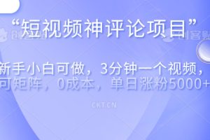 短视频神评论，一天收益500+，新手小白也可操作，长期项目，纯利润