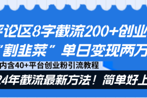 （8771期）评论区8字截流200+创业粉“割韭菜”单日变现两万+24年截流最新方法！[中创网]