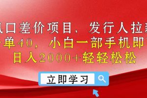 （10827期）风口差价项目，发行人拉新，差价一单40，小白一部手机即可操作，日入20…[中创网]